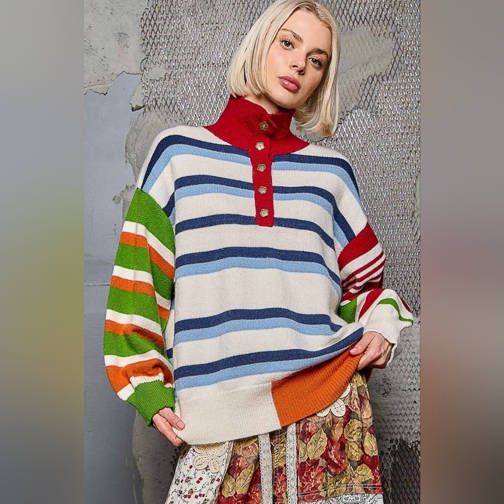 POL Classic Stripe Half Button Mock Neck Sweater with Color-Block Sleeves